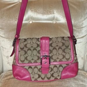 Pink leather and canvas coach bag